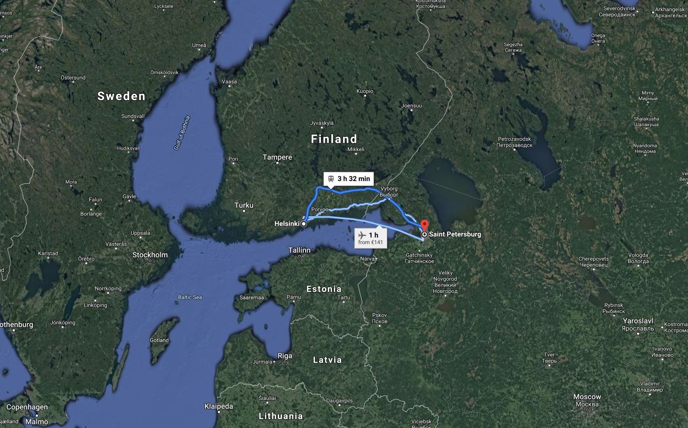 Helsinki Finlandia a San Pietroburgo - Google maps